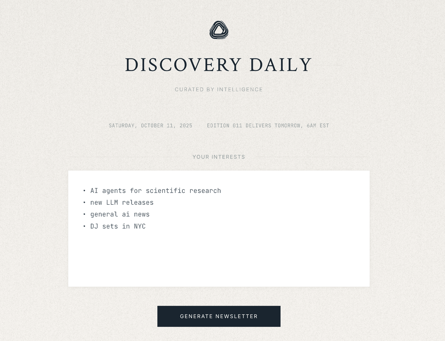 Discovery Daily interests interface showing user's personalized topics